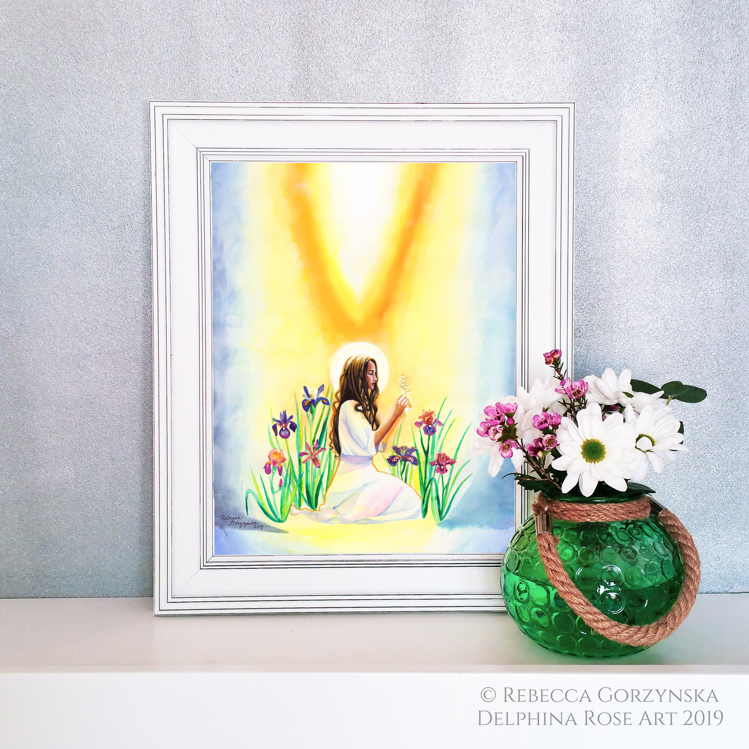 girl with flowers in white frame, green glass vase