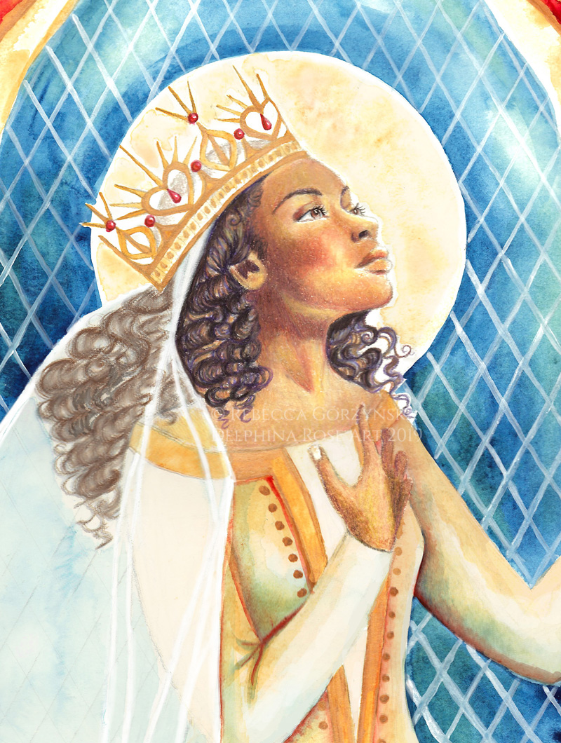 watercolor black madonna gold crown curly hair