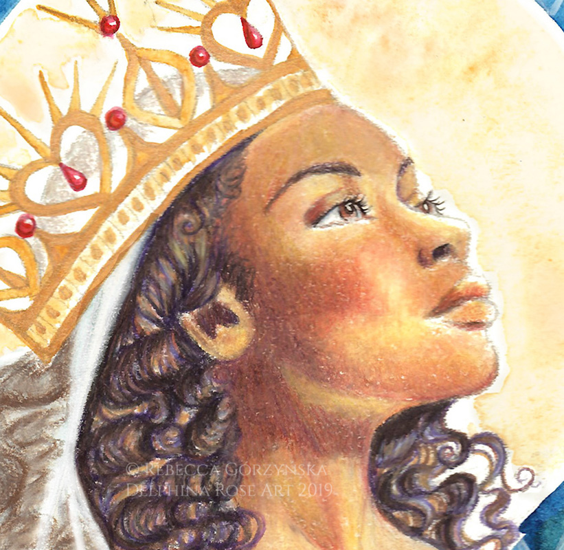 watercolor black madonna gold crown curly hair