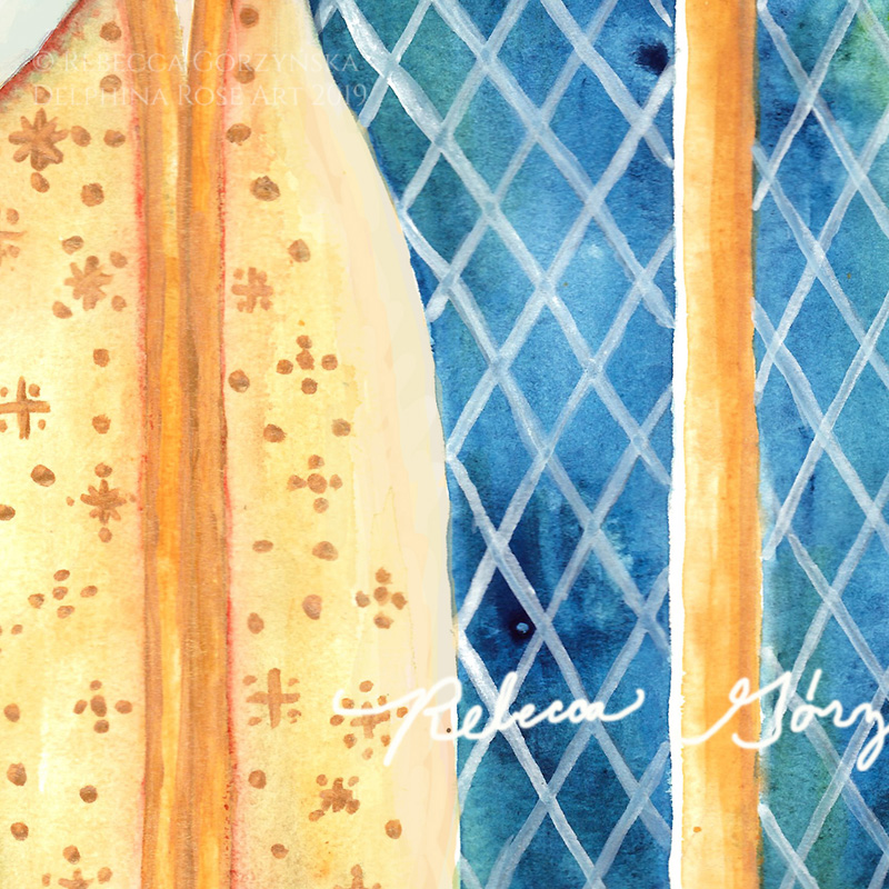 watercolor gold dress blue stained glass window