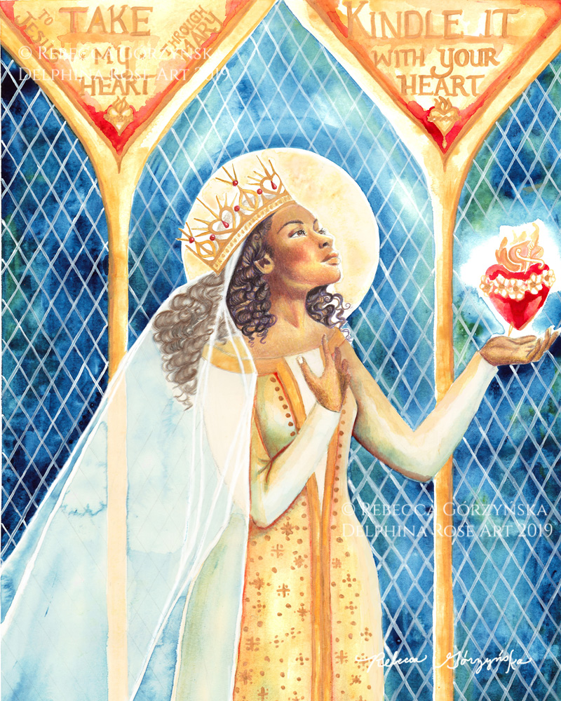 black Madonna in gold dress with immaculate heart - text Take my heart, kindle it with your heart, to Jesus through Mary