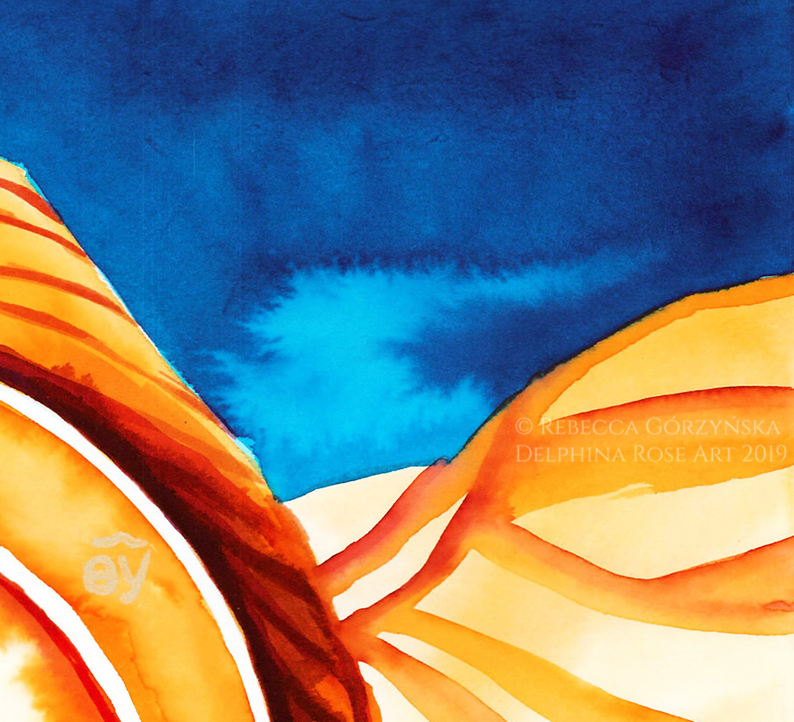 watercolor blue sky and orange desert rocks