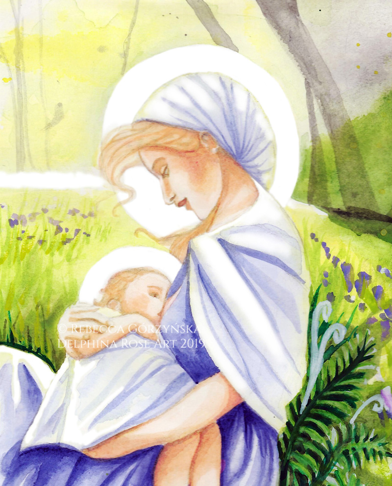 blonde Mary nursing baby blue dress and green grass