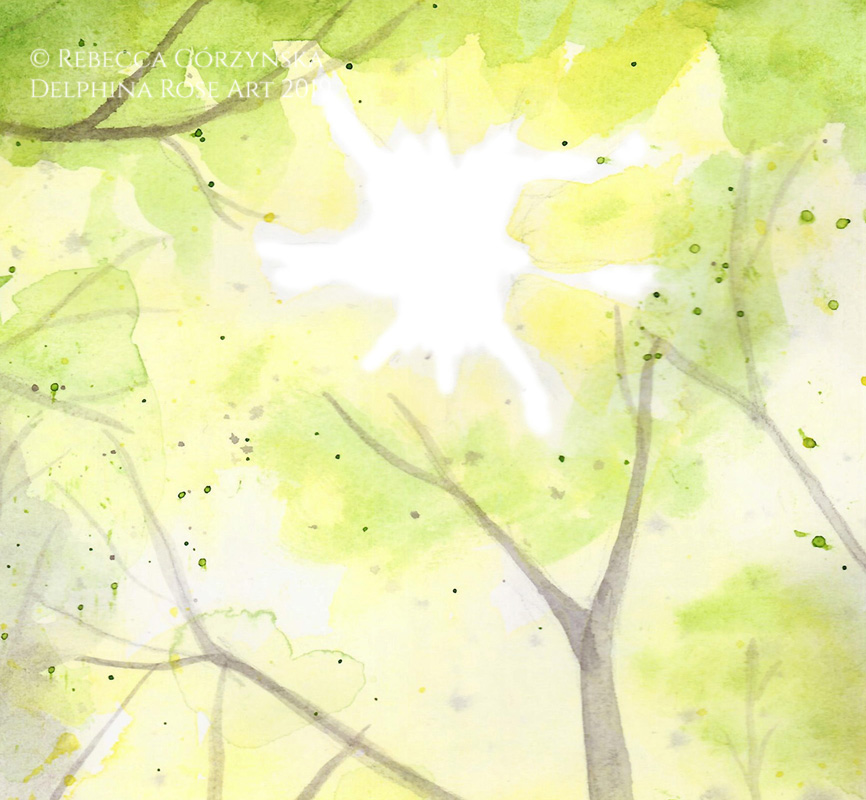 sun in green leaves forest watercolor