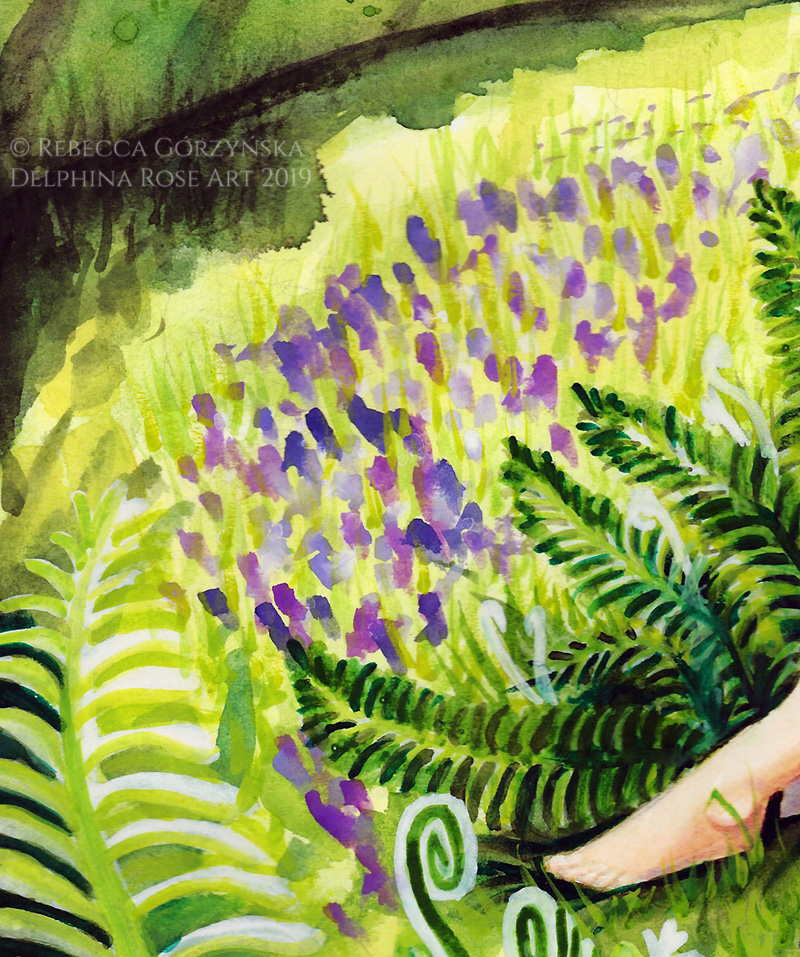 watercolor purple flowers green ferns
