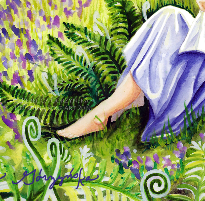 watercolor feet blue dress green ferns