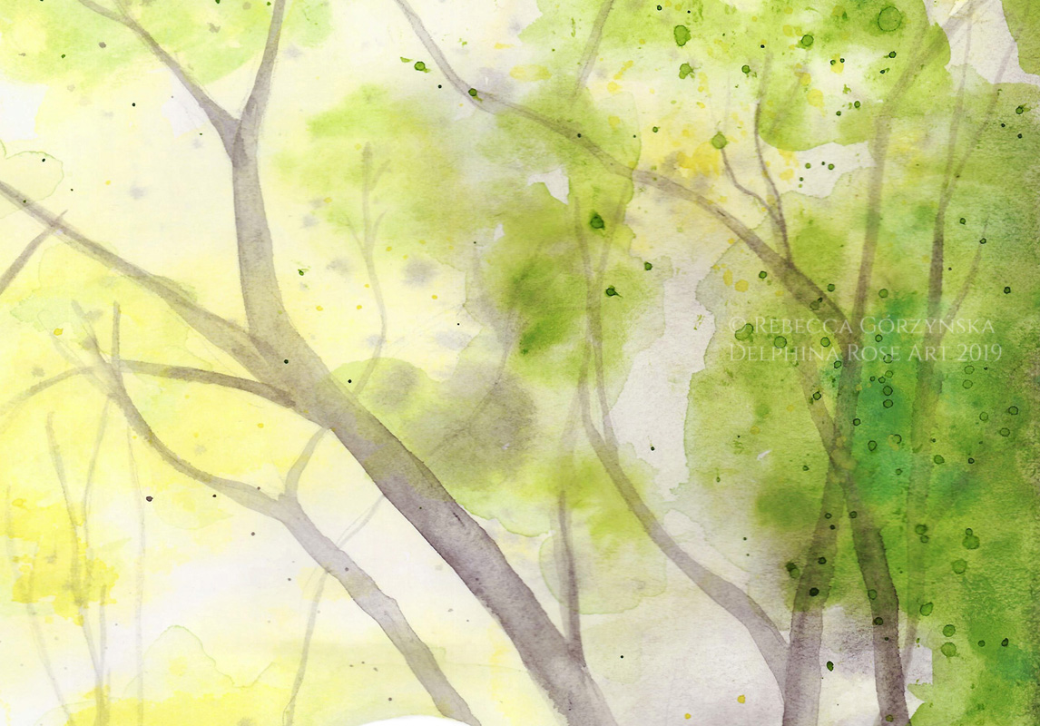 watercolor green forest grey trunks