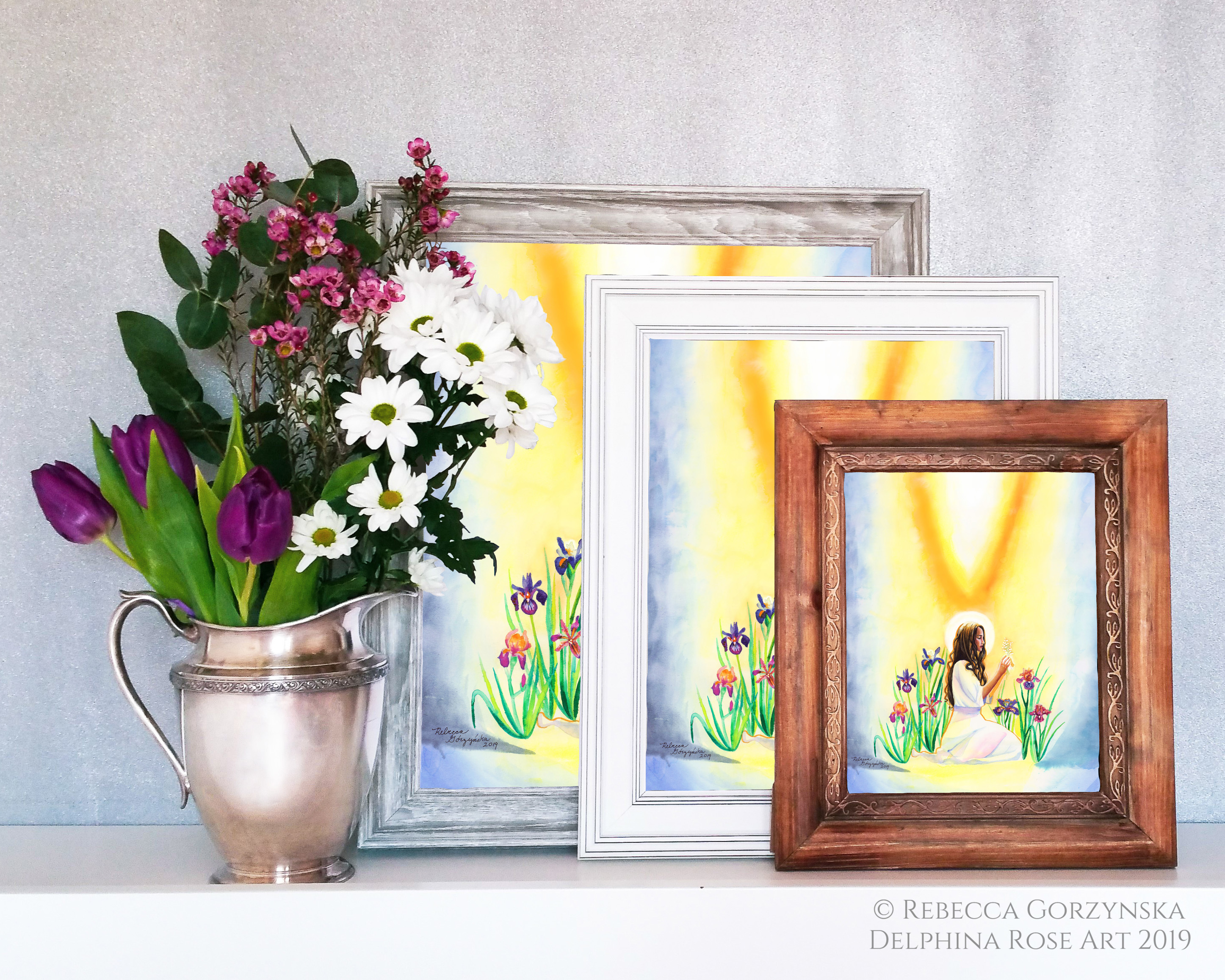 three frames, picture of girl with flowers, silver pitcher
