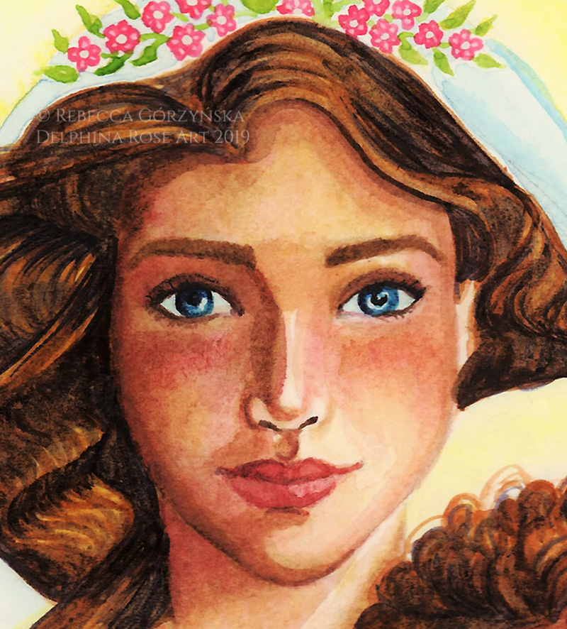 face of Mary watercolor blue eyes brown hair