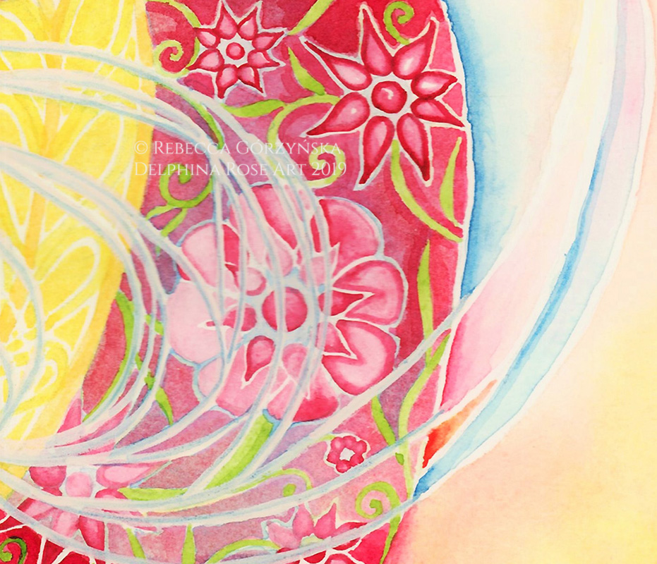 detail of pink dress with pink flowers watercolor painting