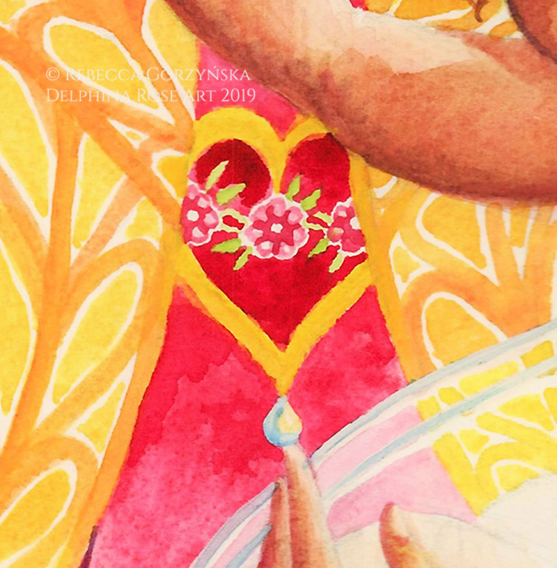 detail of red and gold heart, pink dress and gold cloak watercolor painting