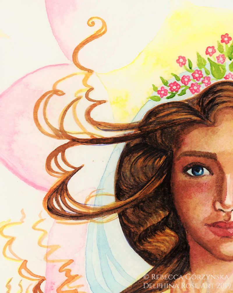 face of Mary watercolor blue eyes brown hair