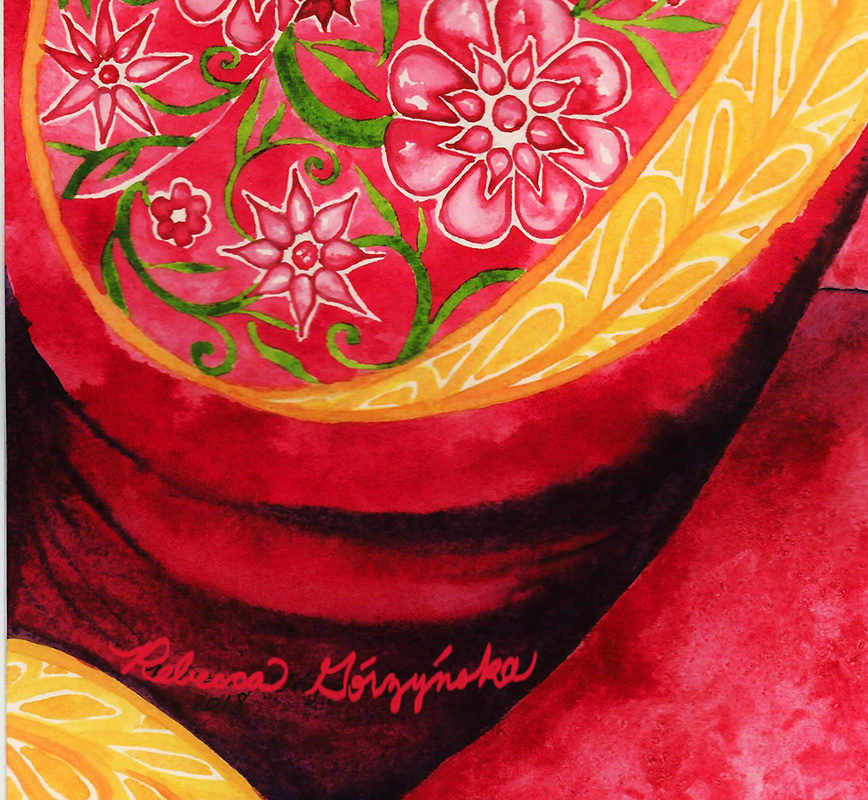 detail of pink dress with pink flowers watercolor painting