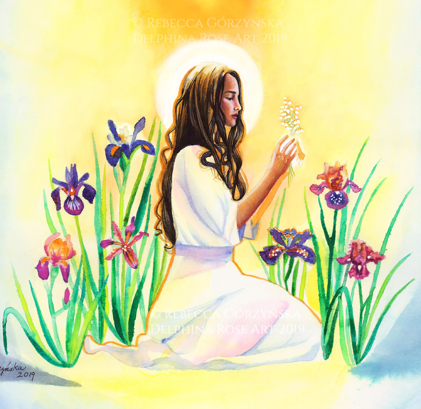 Mary in snow with seven irises and lily of the valley watercolor painting