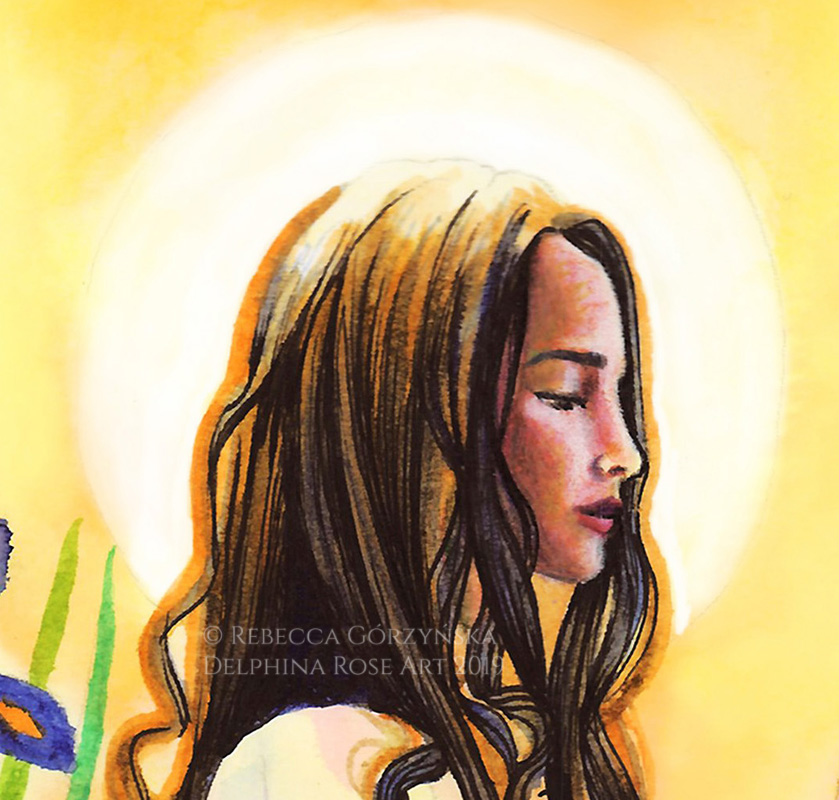 detail of colored pencil and watercolor profile of beautiful woman with brown hair and halo