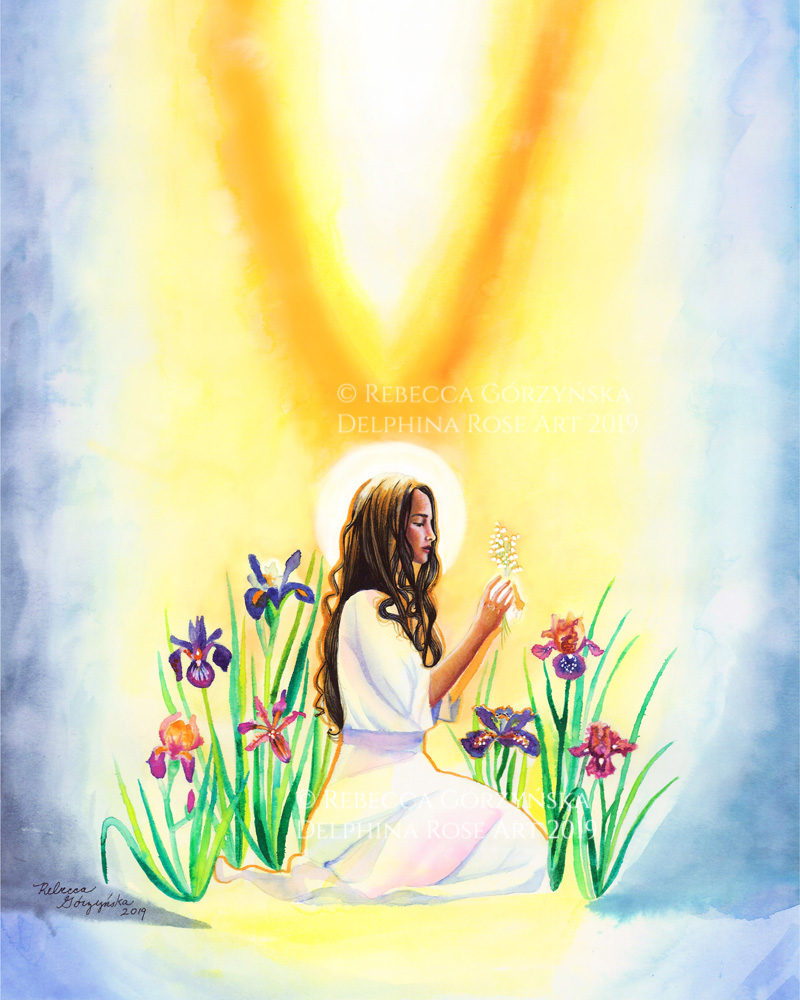 Mary sitting in snow with seven irises and flame