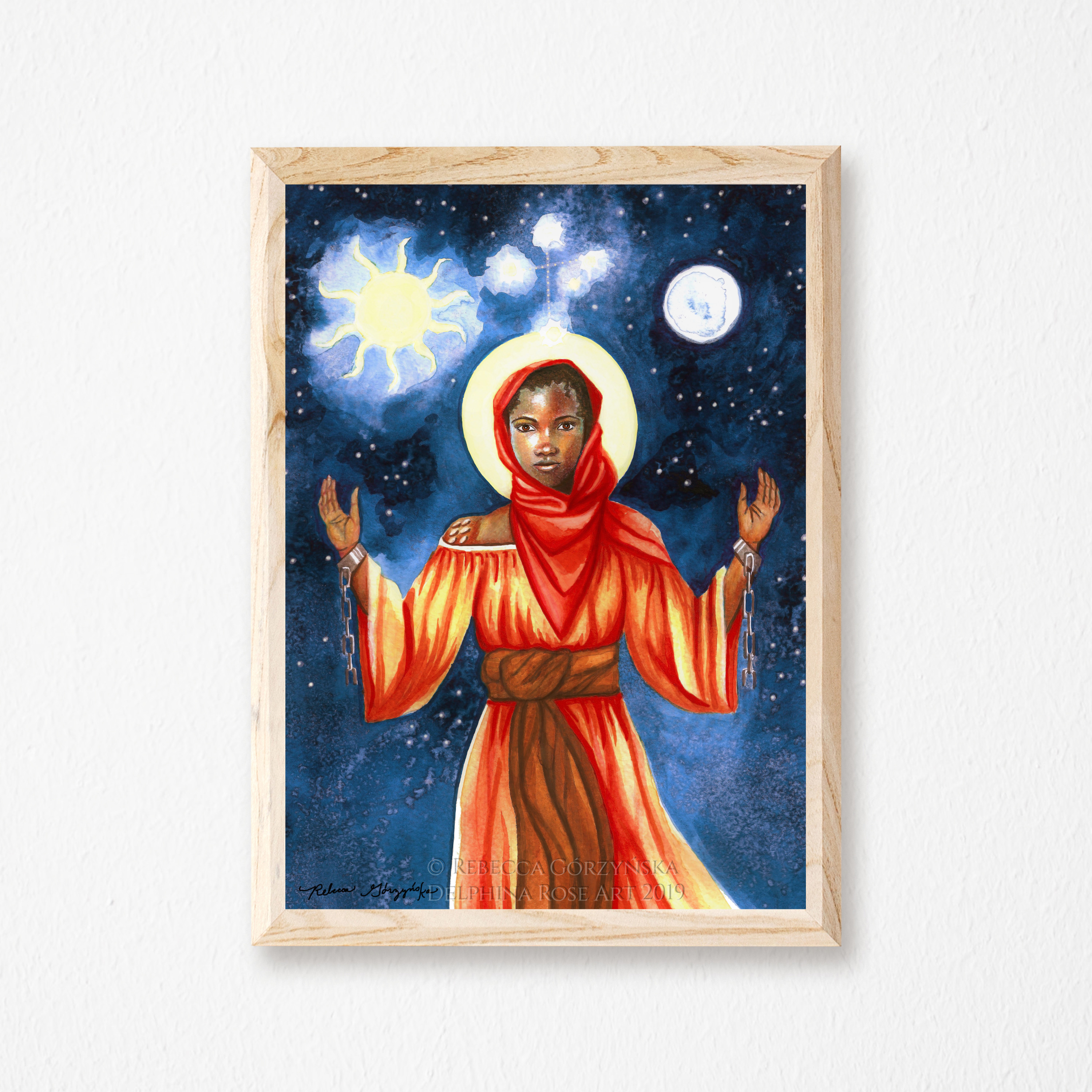 saint josephine bakhita - african girl orange dress, red scarf, sun moon star cross