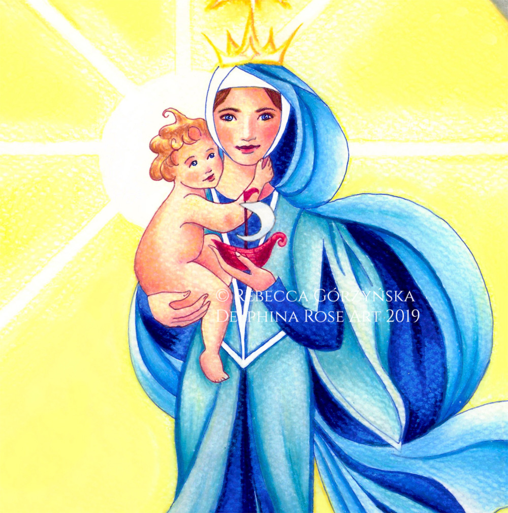 Madonna and child dressed in blue, holding a toy ship, against a yellow sky
