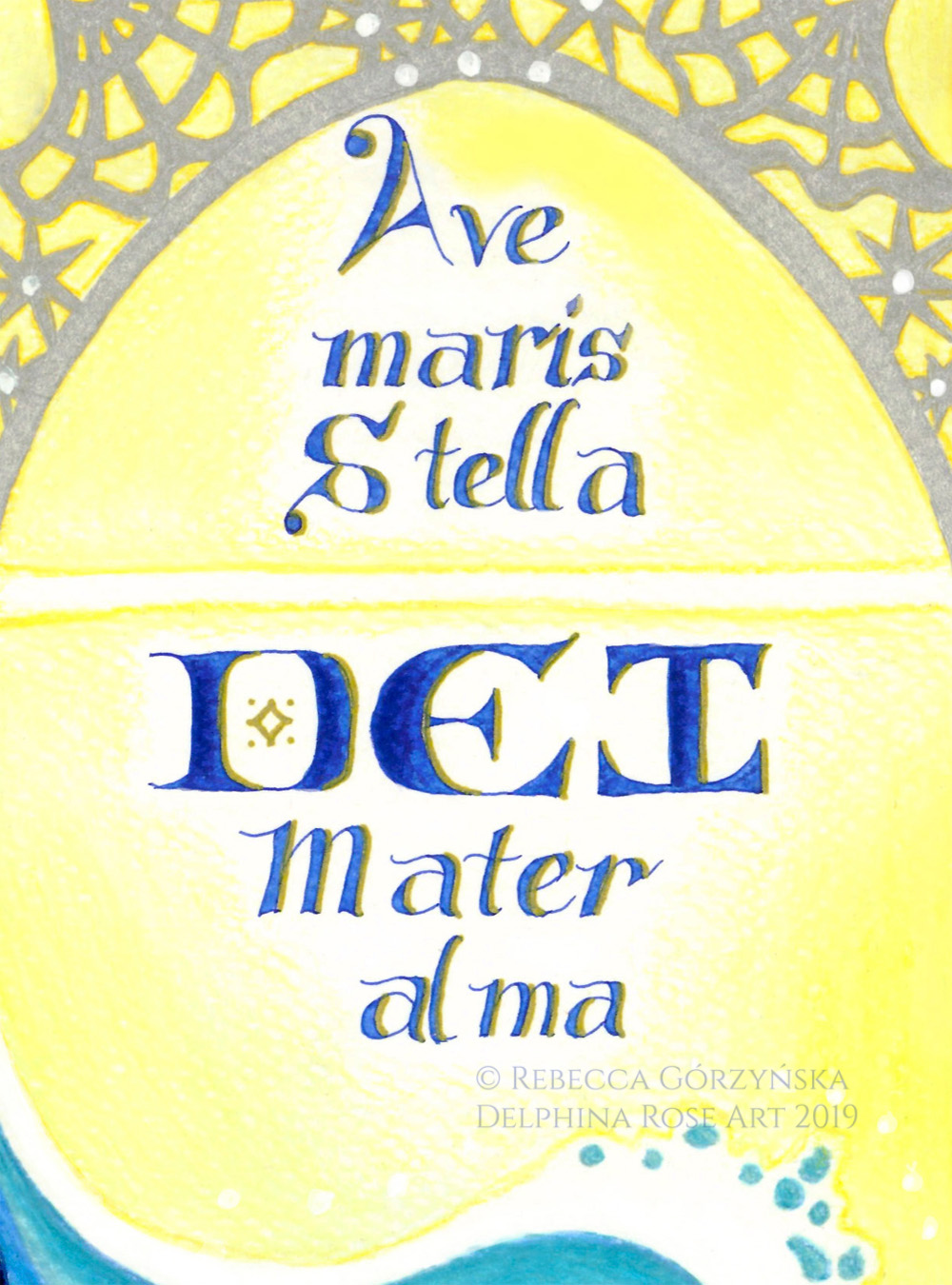 against a yellow background. Text reads "Ave maris stella, Dei mater alma