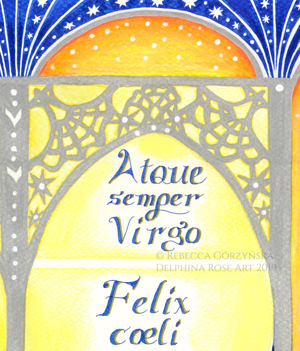 text against yellow sky reads "atque semper virgo, felix caeli porta"