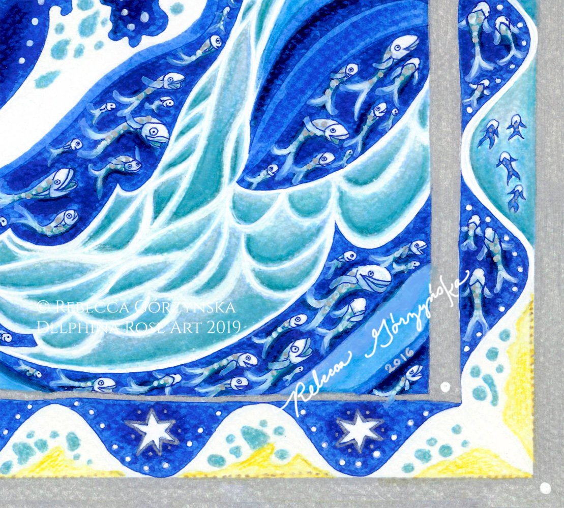 detail of blue waves and fish painting