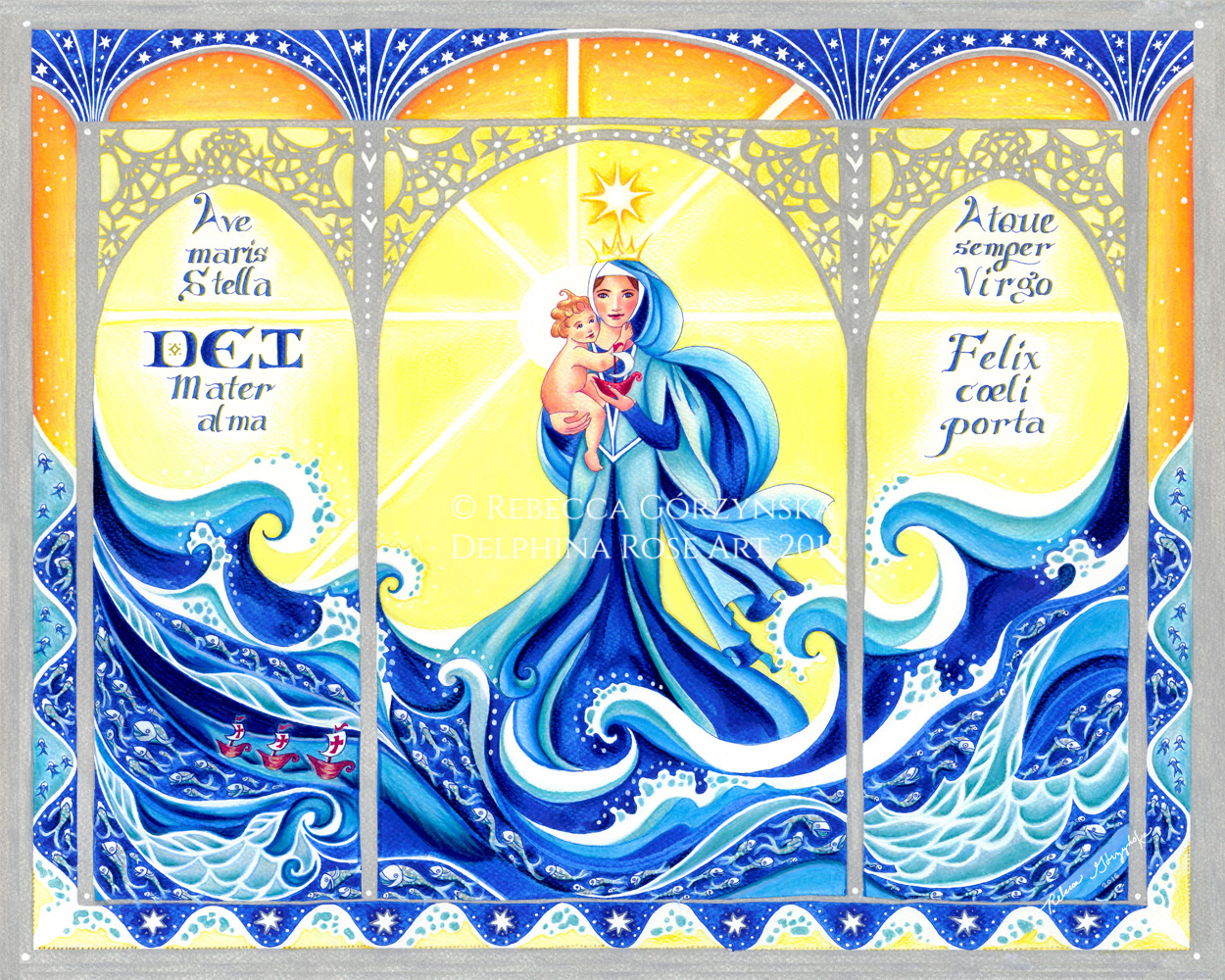 blue Madonna and Child, Stella Maris, Star of the Sea with blue waves against a yellow background. Text reads "Ave maris stella, Dei mater alma, atque semper virgo, felix caeli porta"