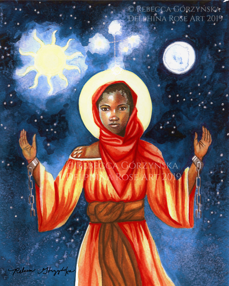 saint josephine bakhita - african girl orange dress, red scarf, sun moon star cross