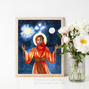 saint josephine bakhita - african girl orange dress, red scarf, sun moon star cross