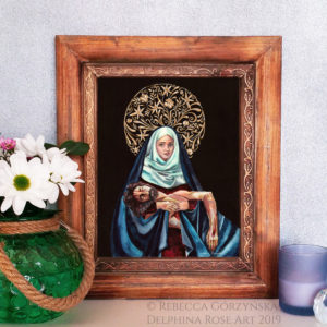 pieta - Mary in white scarf and blue mantle holding dead Christ. Black background and intricate gold floral halo