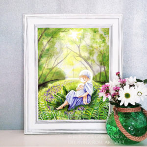 mother in blue dress nursing baby in green forest