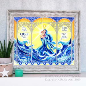 in grey frame against silver wall, blue Madonna and Child, Stella Maris, Star of the Sea with blue waves against a yellow background. Text reads "Ave maris stella, Dei mater alma, atque semper virgo, felix caeli porta"