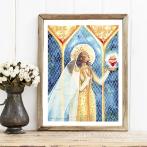 black Madonna in gold dress with immaculate heart - text Take my heart, kindle it with your heart, to Jesus through Mary