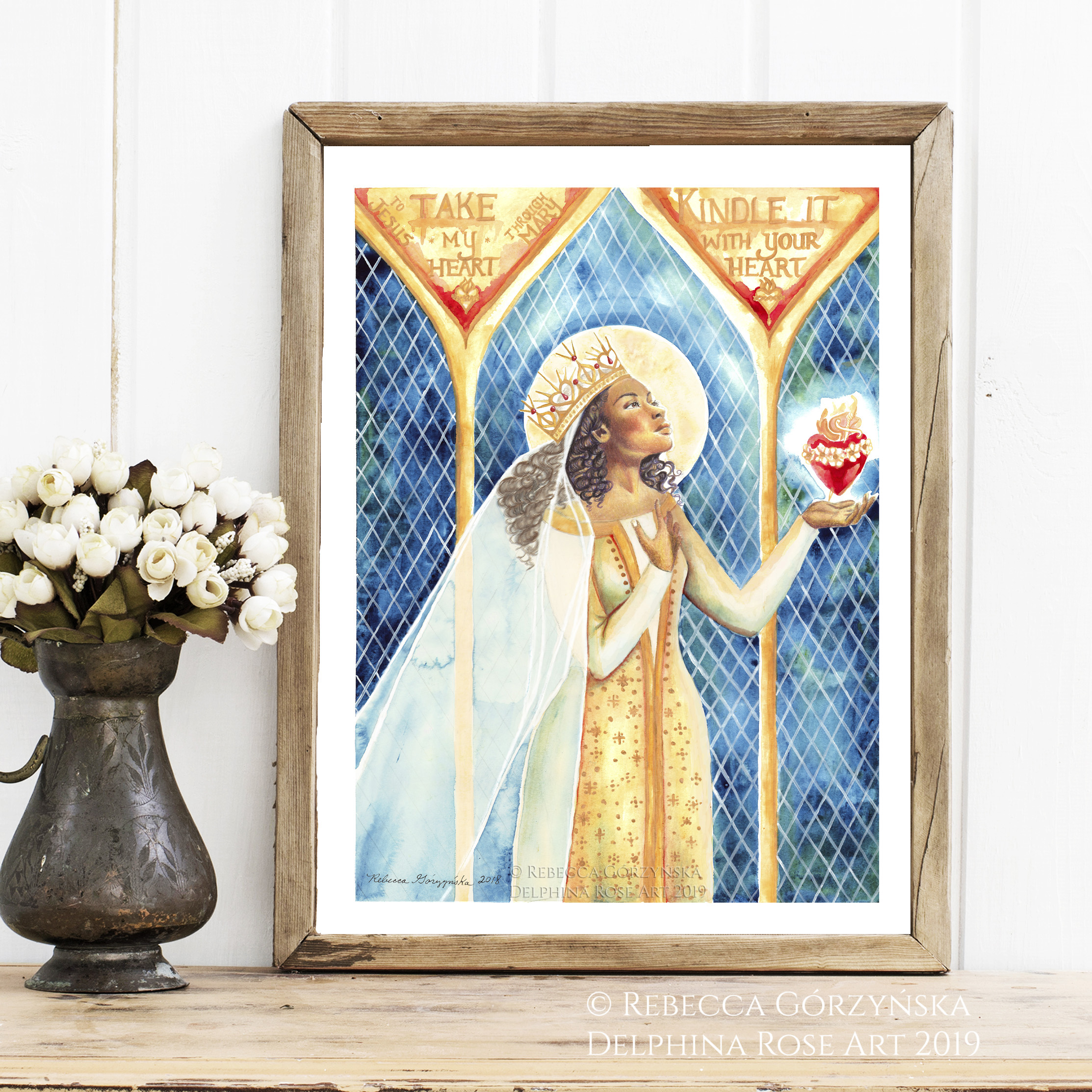 black Madonna in gold dress with immaculate heart - text Take my heart, kindle it with your heart, to Jesus through Mary
