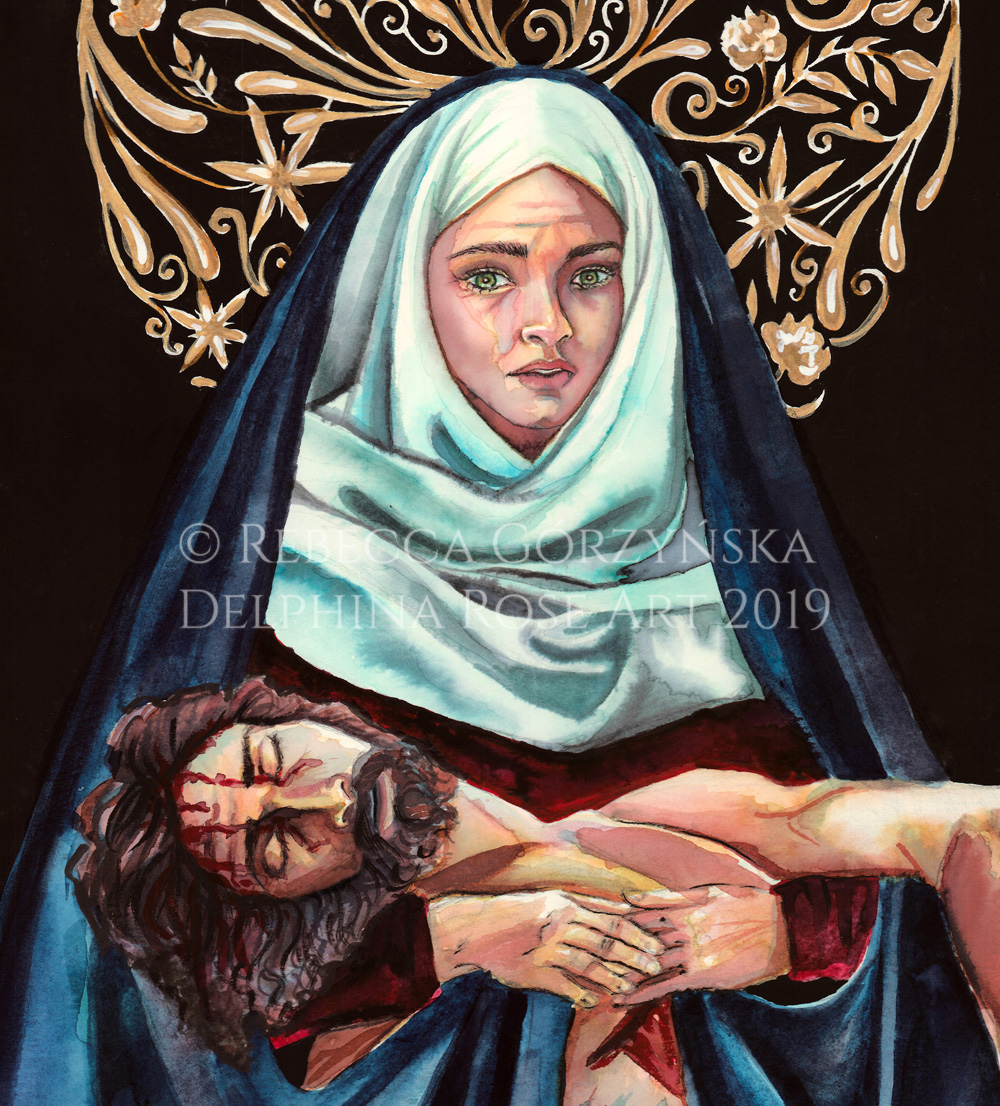pieta - Mary in white scarf and blue mantle holding dead Christ. Black background and intricate gold floral halo
