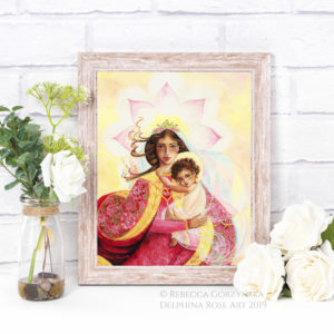 Madonna and Child Mystical Rose pink dress yellow background