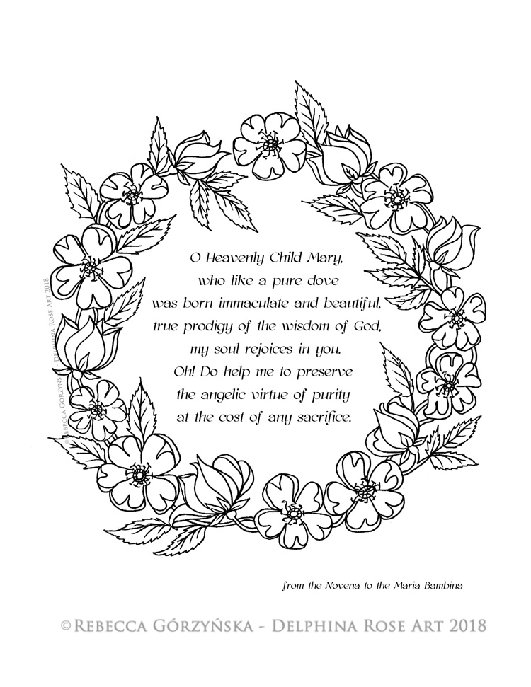 line art coloring page prayer to child Mary with garland of roses
