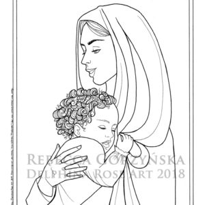 line art coloring page - Madonna and Child with curly hair