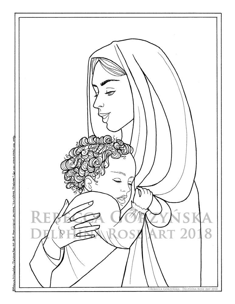 line art coloring page - Madonna and Child with curly hair
