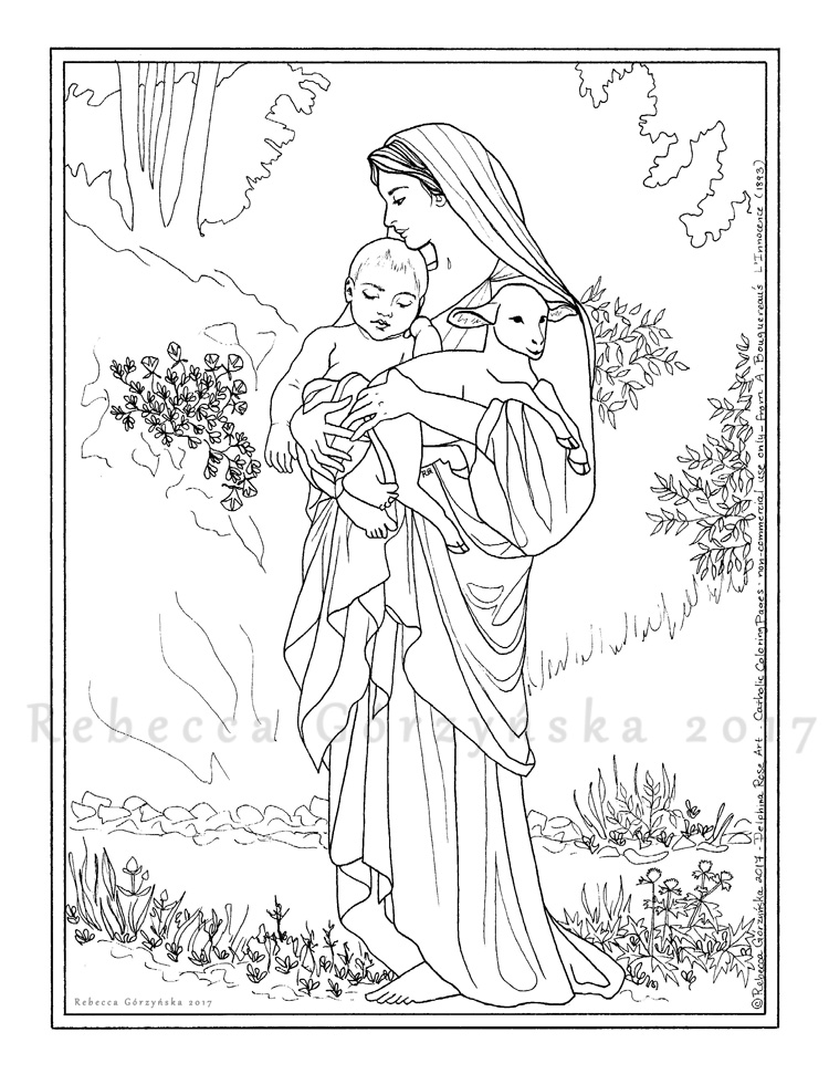 coloring page line art of Bouguereau L'innocence - Madonna and Child holding lamb