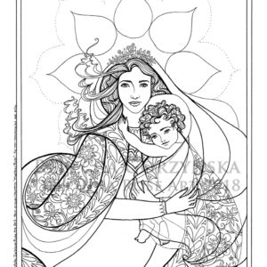 line art coloring page Madonna and Child Mystical Rose