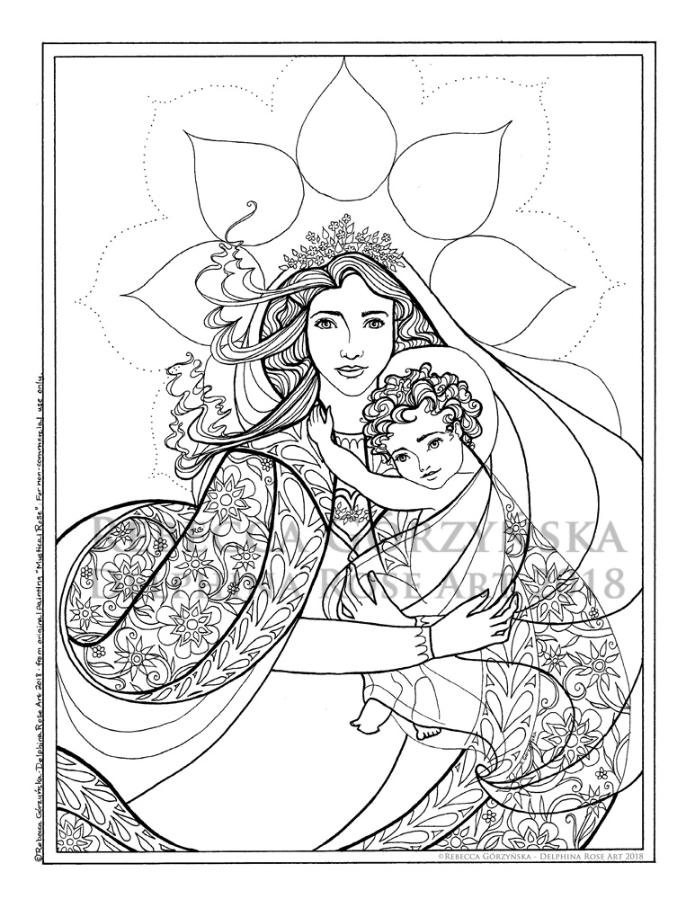 line art coloring page Madonna and Child Mystical Rose