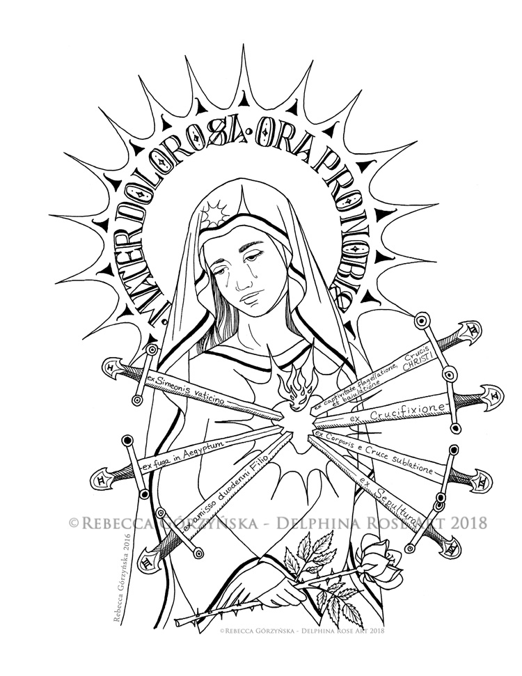line art coloring page Our Lady of Sorrows