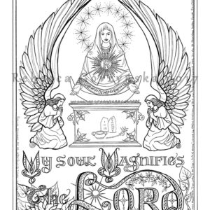 line art coloring page Theotokos seated on Ark of the Covenant flanked by two kneeling angels - text "My soul magnifies the Lord"