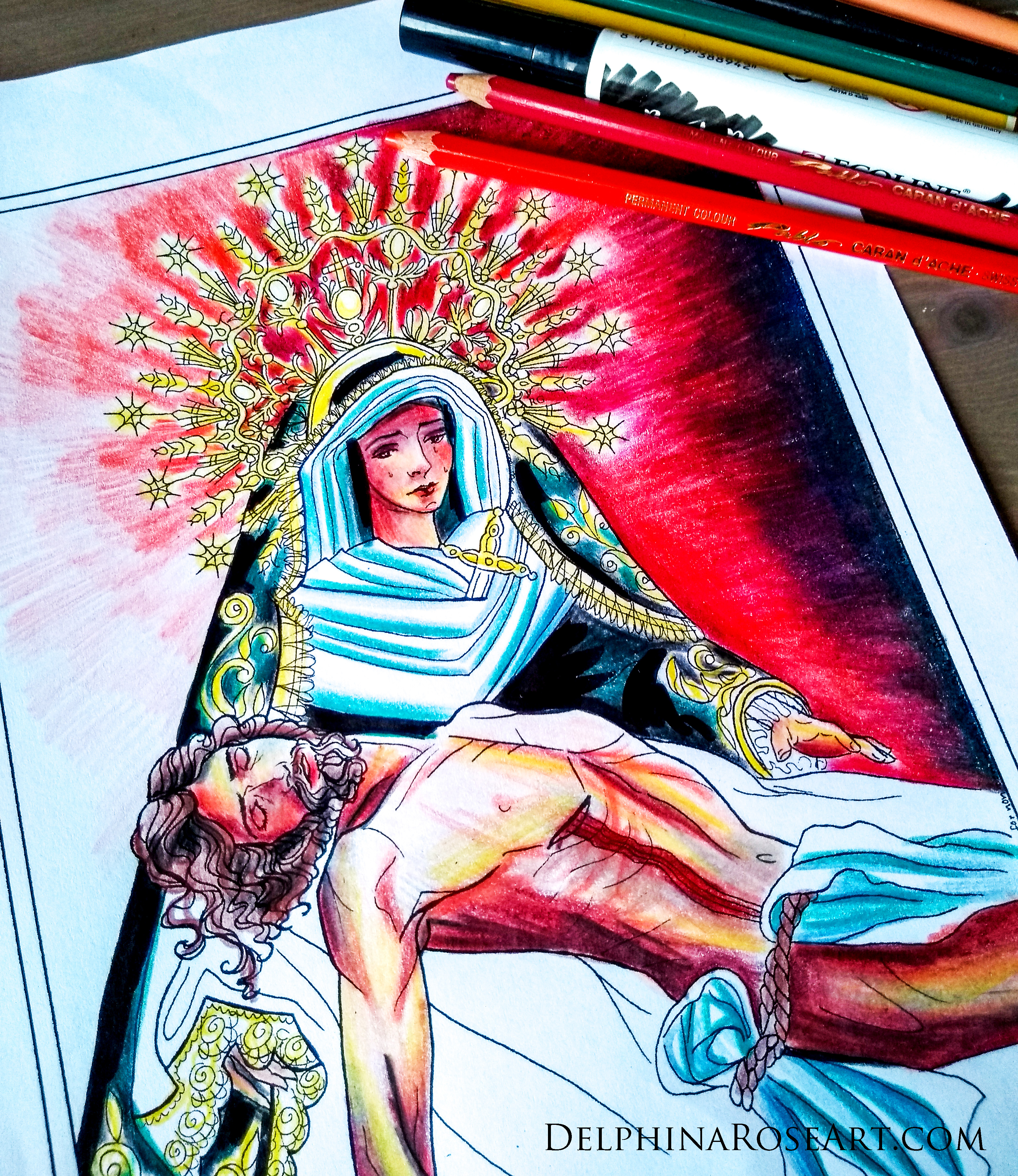 coloring page of Our Lady of Sorrows or the Pieta. Gold halo crown and red background