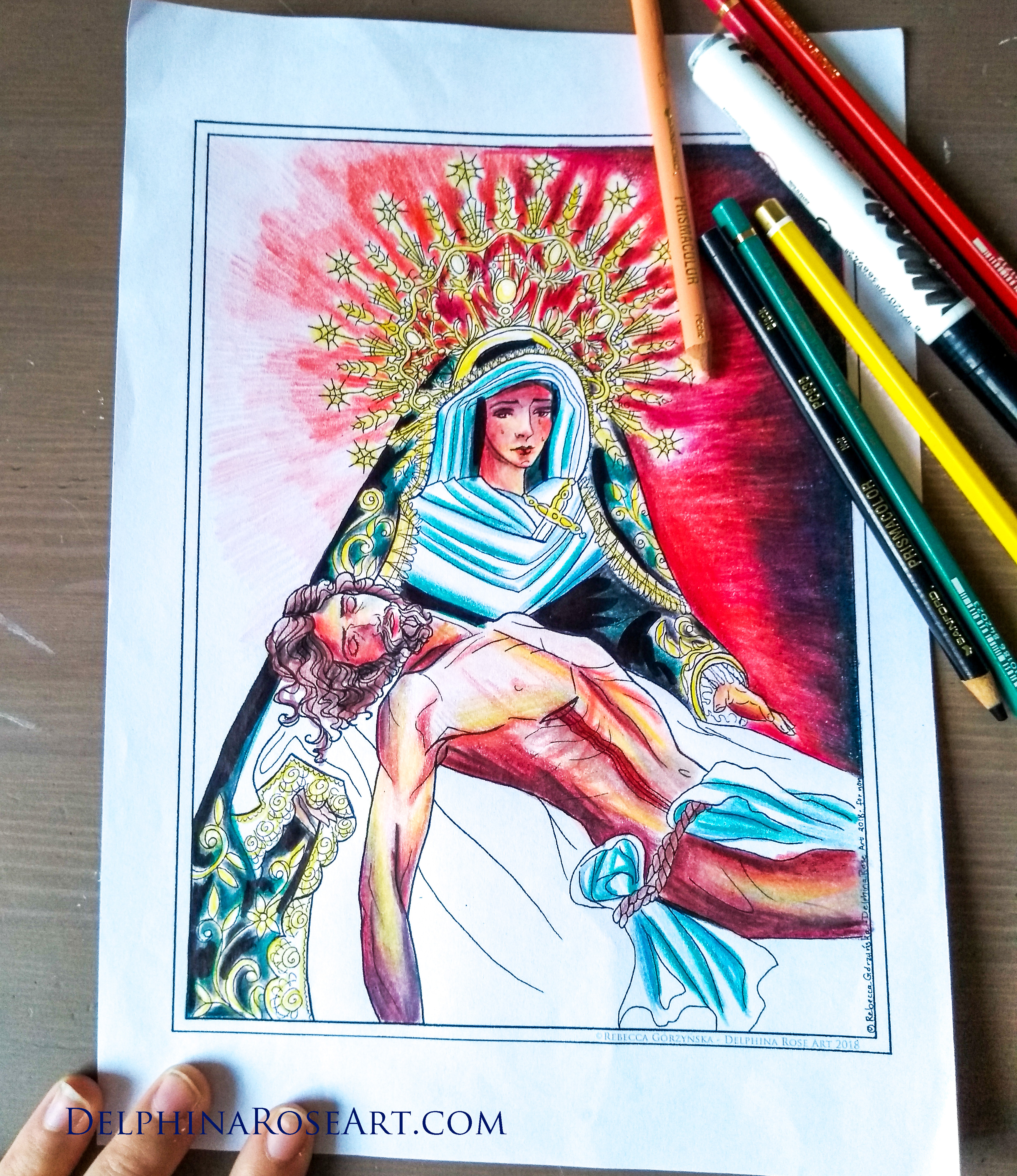 coloring page of Our Lady of Sorrows or the Pieta. Gold halo crown and red background
