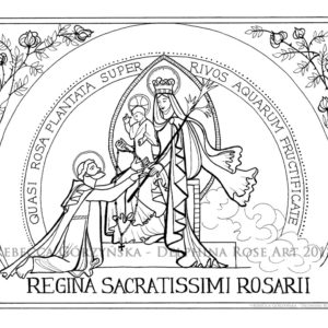 line art coloring page Queen of the Rosary Lourdes Basilica