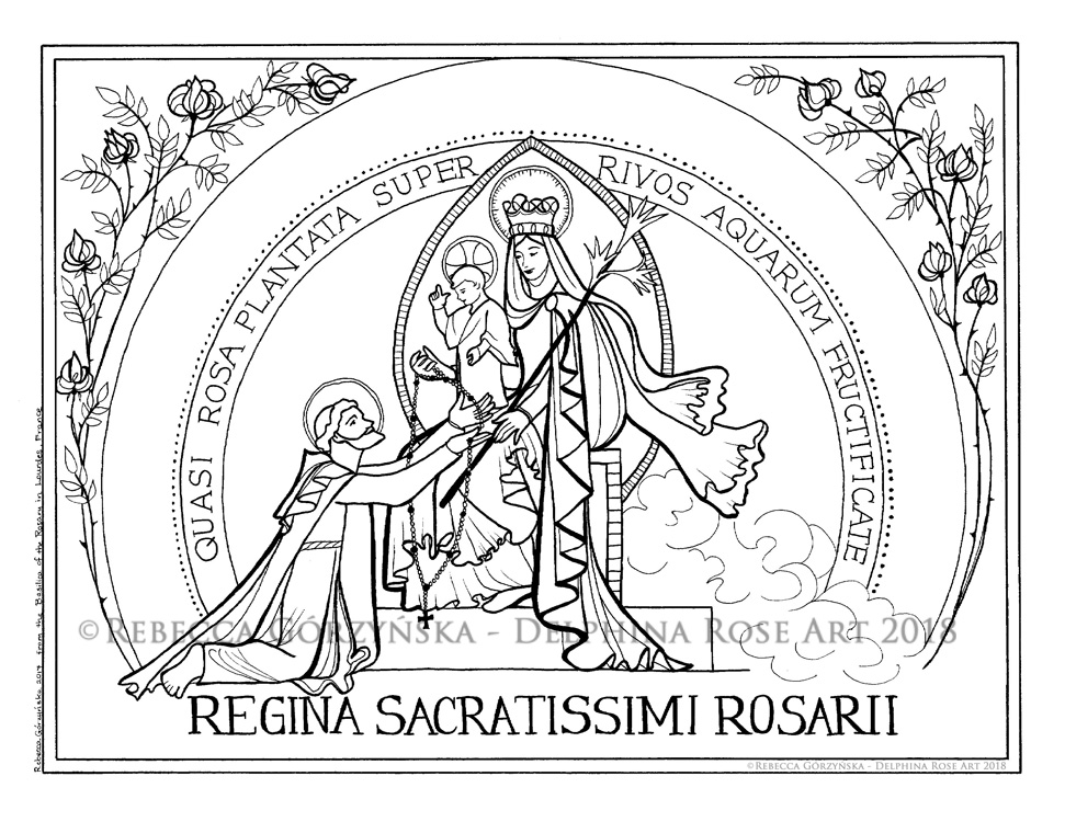 line art coloring page Queen of the Rosary Lourdes Basilica