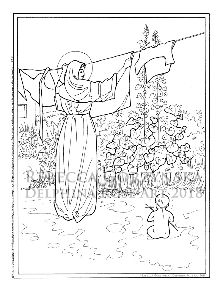 line art coloring page Madonna and Child laundry