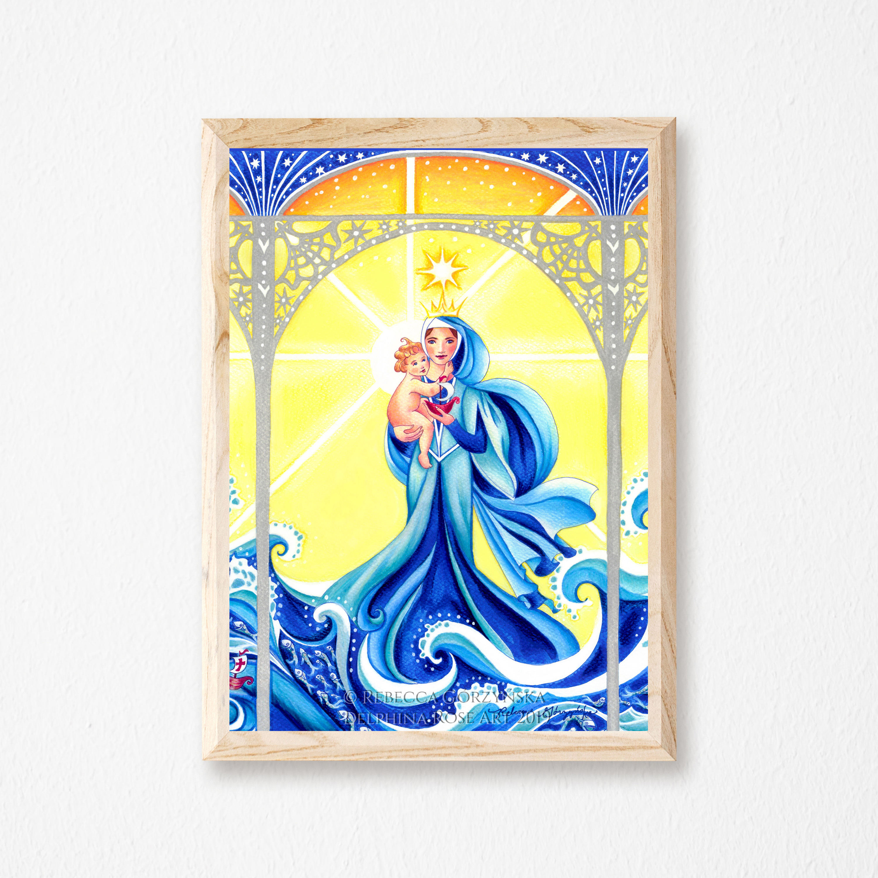 blue Madonna and Child, Stella Maris, Star of the Sea with blue waves against a yellow background.