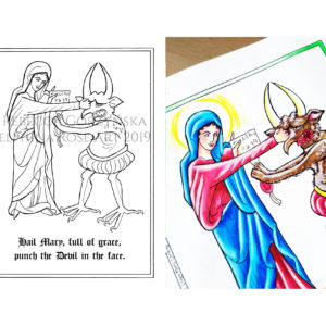 Mary punching Devil coloring page